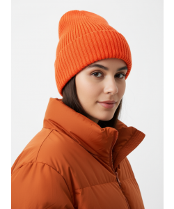 Шапка RAY вязаная с подворотом, ярко-оранжевый