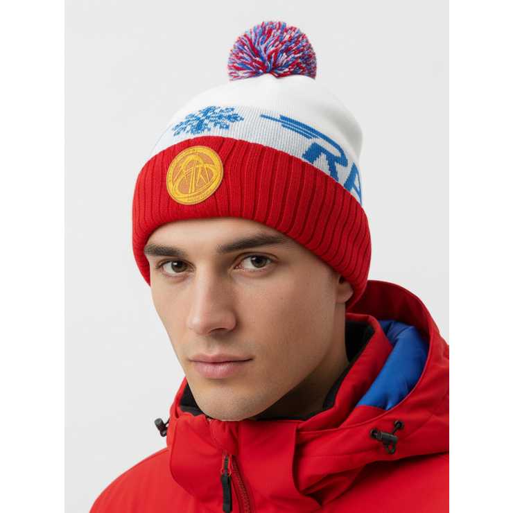 Шапочка RAY вязаная Ray-снежинка Шеврон бубон, белый/красный/голубой фото 1