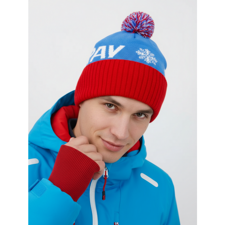 Шапочка RAY вязаная Ray-снежинка бубон, голубой/красный/белый фото 3