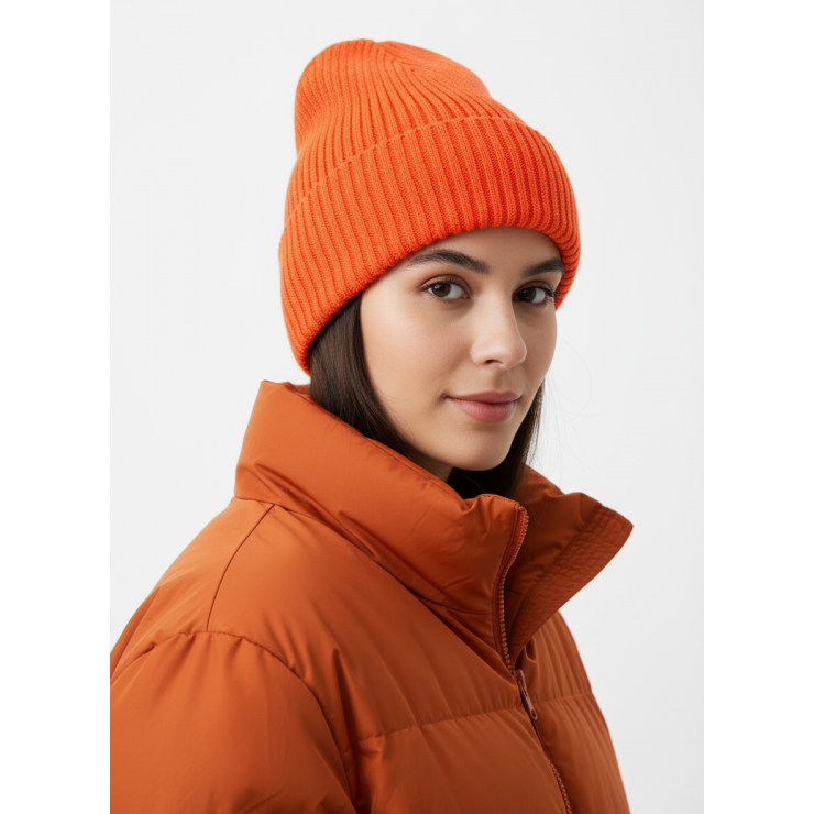 Шапка RAY вязаная с подворотом, ярко-оранжевый фото 1