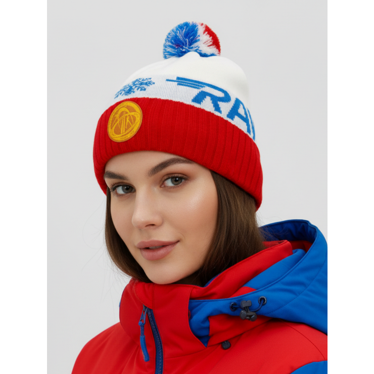 Шапочка RAY вязаная Ray-снежинка Шеврон бубон, белый/красный/голубой фото 3