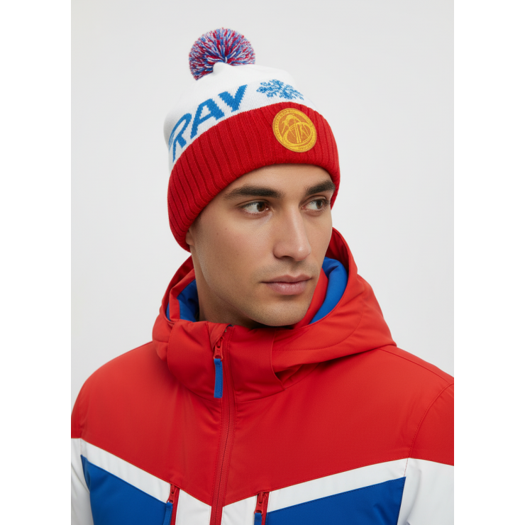 Шапочка RAY вязаная Ray-снежинка Шеврон бубон, белый/красный/голубой фото 2