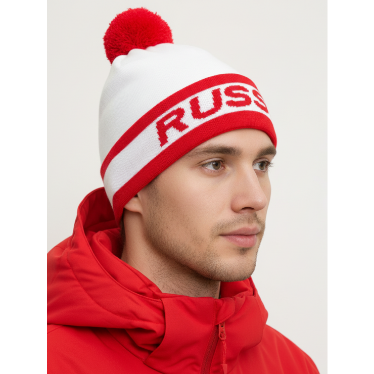 Шапочка RAY вязанная Рэйс Россия, белый/красный фото 1