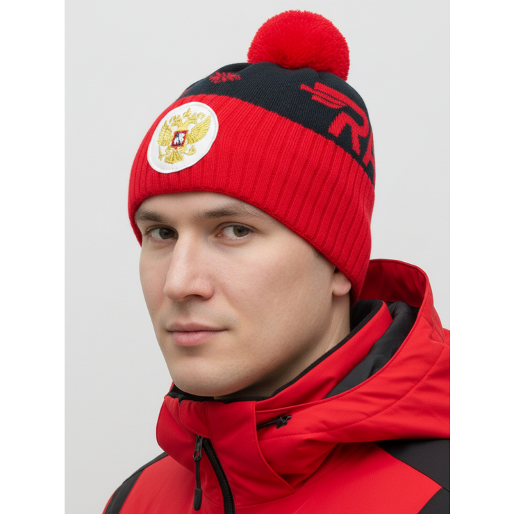 Шапочка RAY вязаная Ray-снежинка Шеврон бубон, темно синий/красный фото 1