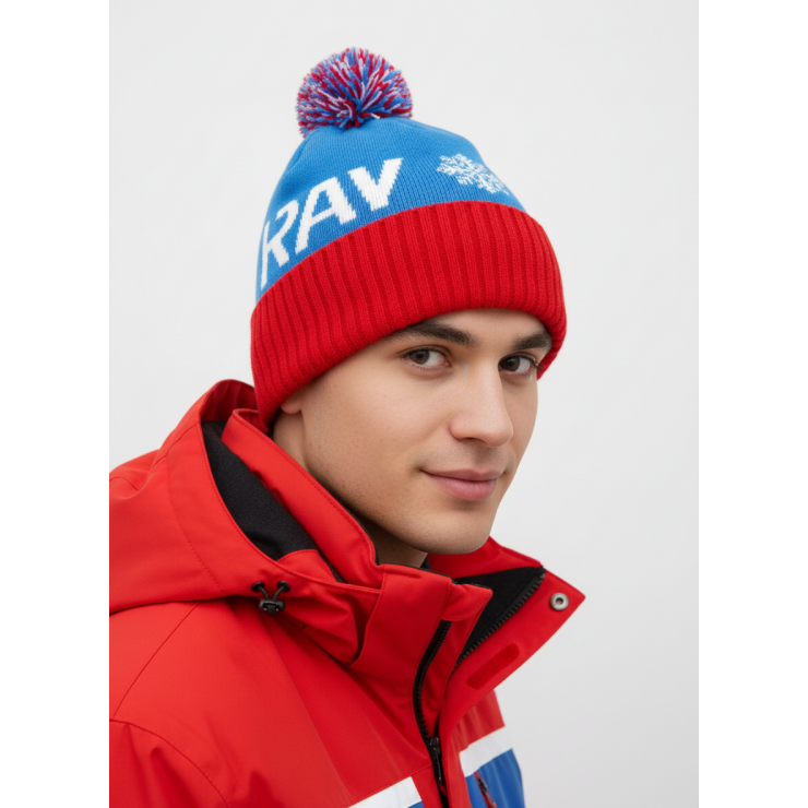 Шапочка RAY вязаная Ray-снежинка бубон, голубой/красный/белый фото 4