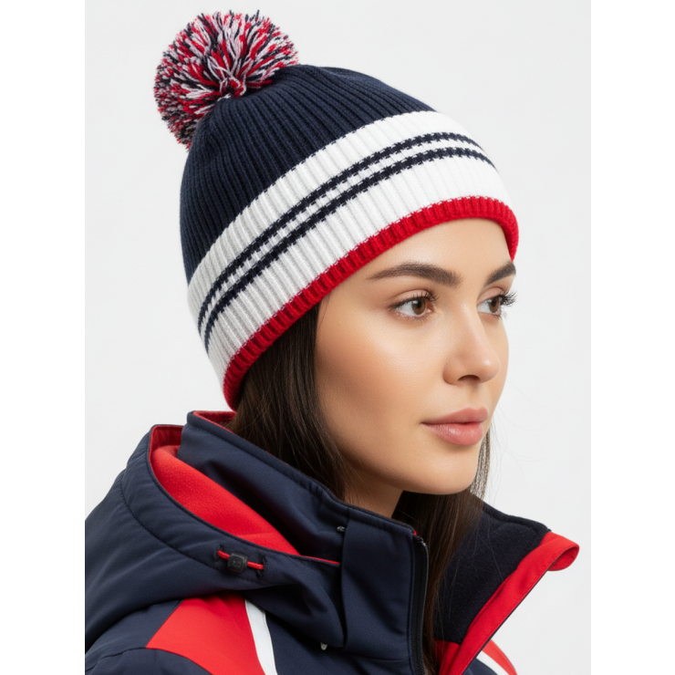Шапочка RAY вязаная Финиш бубон, темно синий/белый/красный фото 3