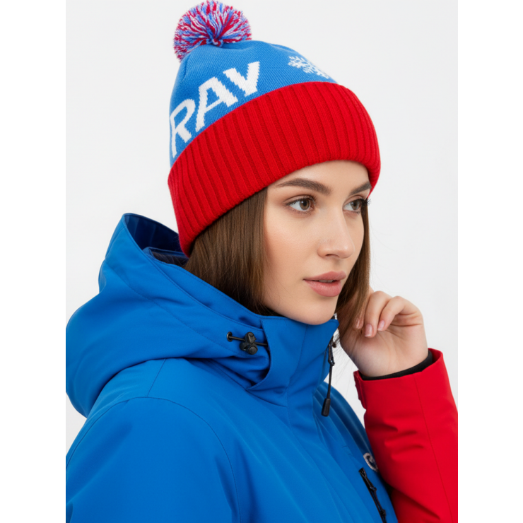 Шапочка RAY вязаная Ray-снежинка бубон, голубой/красный/белый фото 2