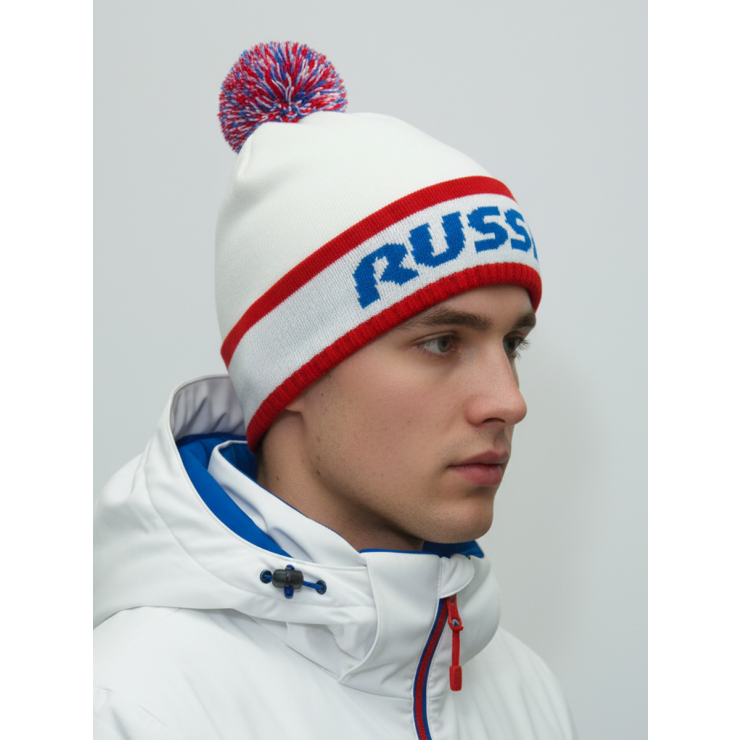 Шапочка RAY вязанная Рэйс Россия, белый/синий/красный фото 1