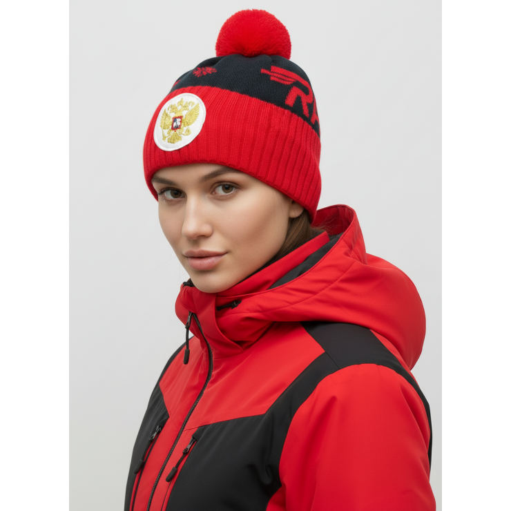 Шапочка RAY вязаная Ray-снежинка Шеврон бубон, темно синий/красный фото 2