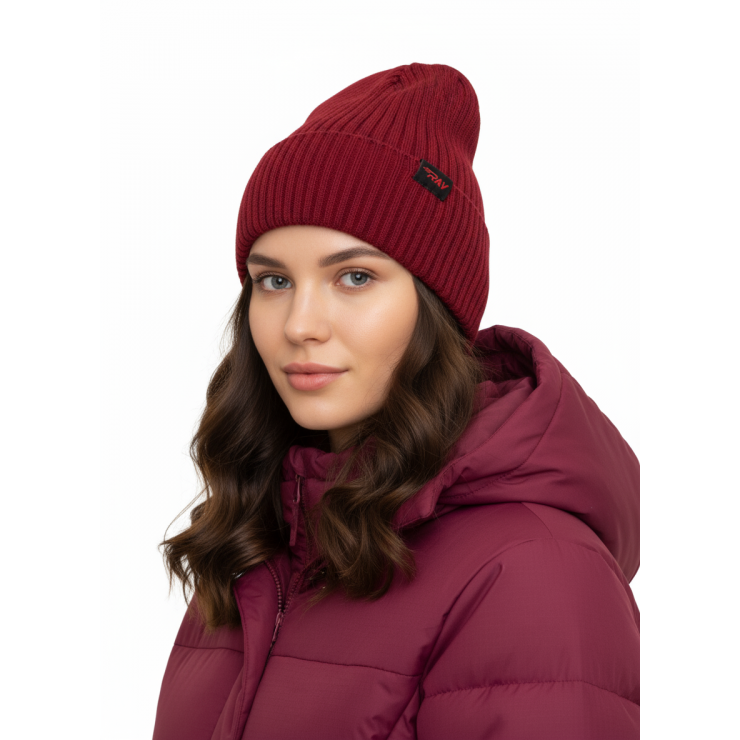 Шапка RAY вязаная с подворотом, бордо фото 1