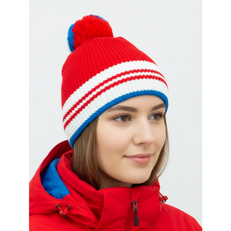 Шапочка RAY вязаная Финиш бубон, красный/белый/синий фото 3