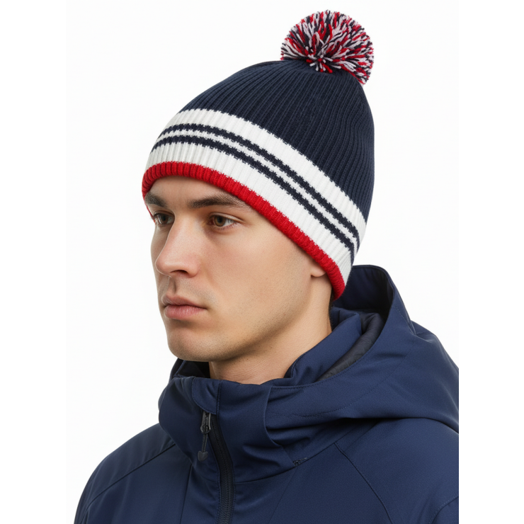Шапочка RAY вязаная Финиш бубон, темно синий/белый/красный фото 1