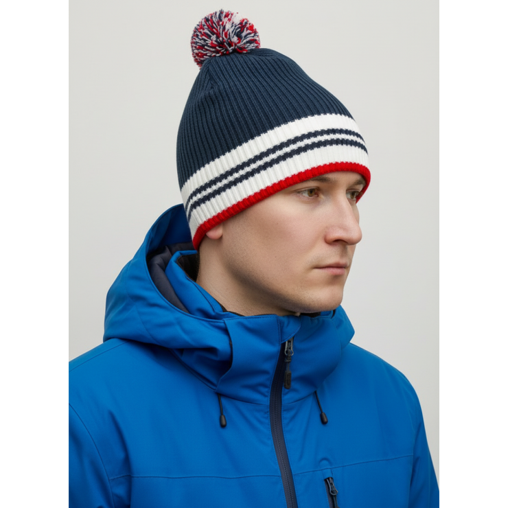 Шапочка RAY вязаная Финиш бубон, темно синий/белый/красный фото 2