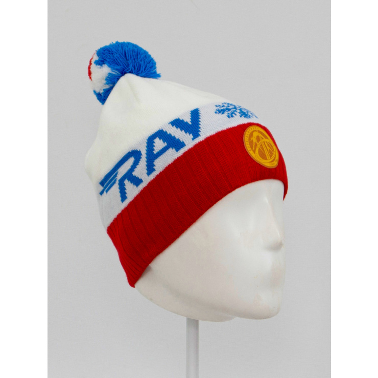 Шапочка RAY вязаная Ray-снежинка Шеврон бубон, белый/красный/голубой фото 1